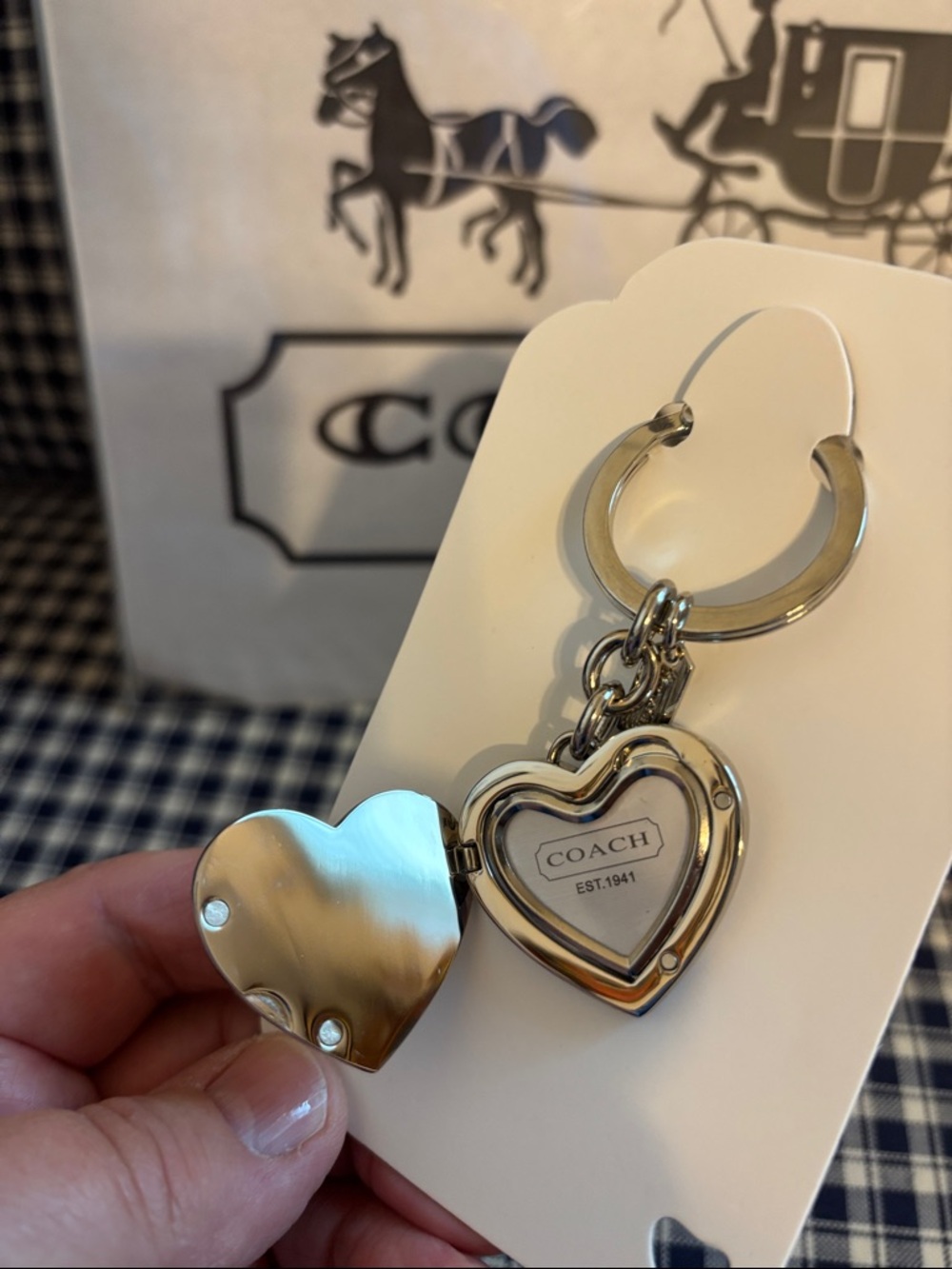 Coach legacy Striped Heart shaped locket Keyring - Picture 4 of 6